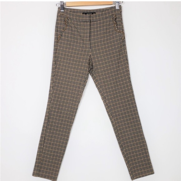 Zara Basic Brown Check Plaid Skinny Ankle Pants S - Picture 1 of 5